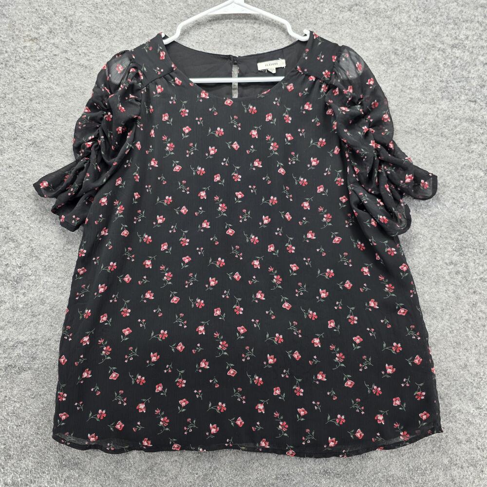 Pleione Shirt Womens Medium Black Floral Puff Sleeve Sheer Chiffon Lined Top